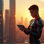 "A young adult stands confidently in front of a futuristic cityscape at sunset, gazing intently at an AI algorithm on their tablet."