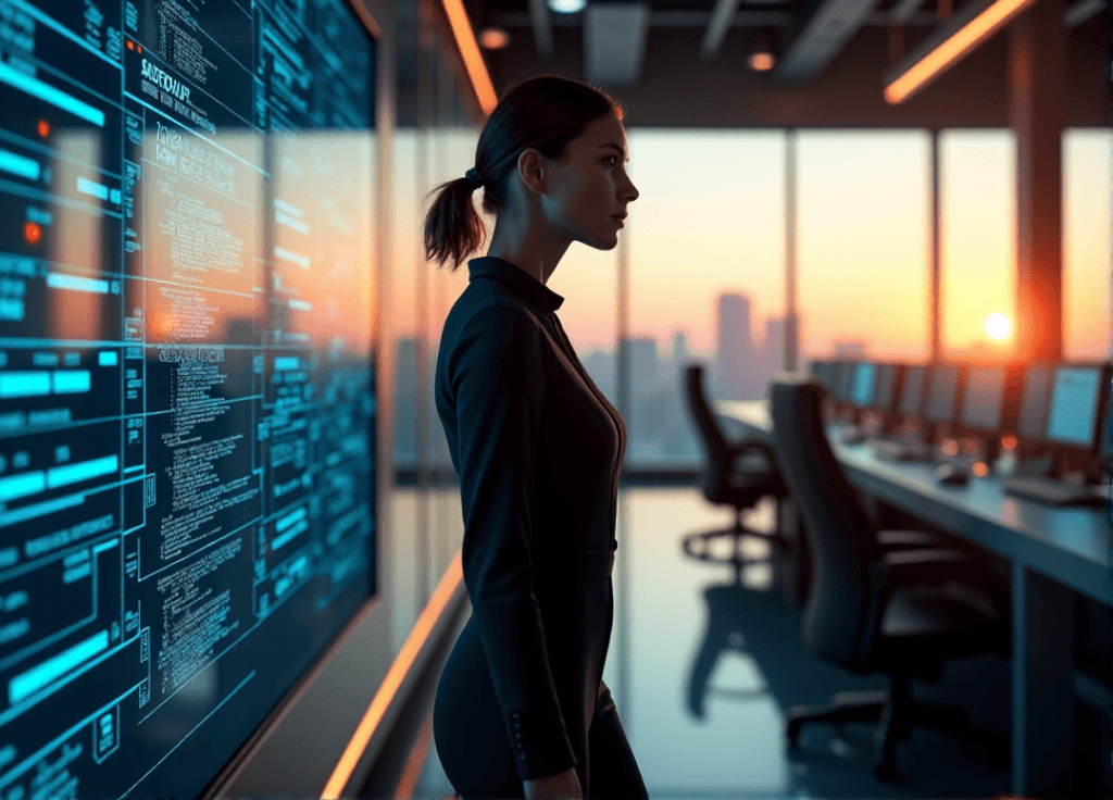 "A futuristic control room with a central figure in a black jumpsuit standing confidently in front of a massive touchscreen display showcasing AI automation workflows."