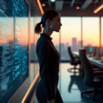"A futuristic control room with a central figure in a black jumpsuit standing confidently in front of a massive touchscreen display showcasing AI automation workflows."