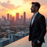 "A business executive stands confidently on a rooftop overlooking a bustling cityscape at sunset, contemplating AI automation possibilities."