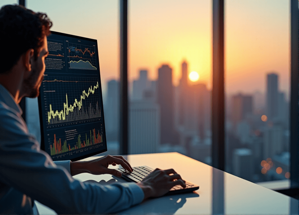 "A business executive intensely focuses on AI-driven market insights displayed on a high-resolution computer screen, showcasing their AI automation skills amidst a stunning cityscape at sunset."