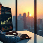 "A business executive intensely focuses on AI-driven market insights displayed on a high-resolution computer screen, showcasing their AI automation skills amidst a stunning cityscape at sunset."