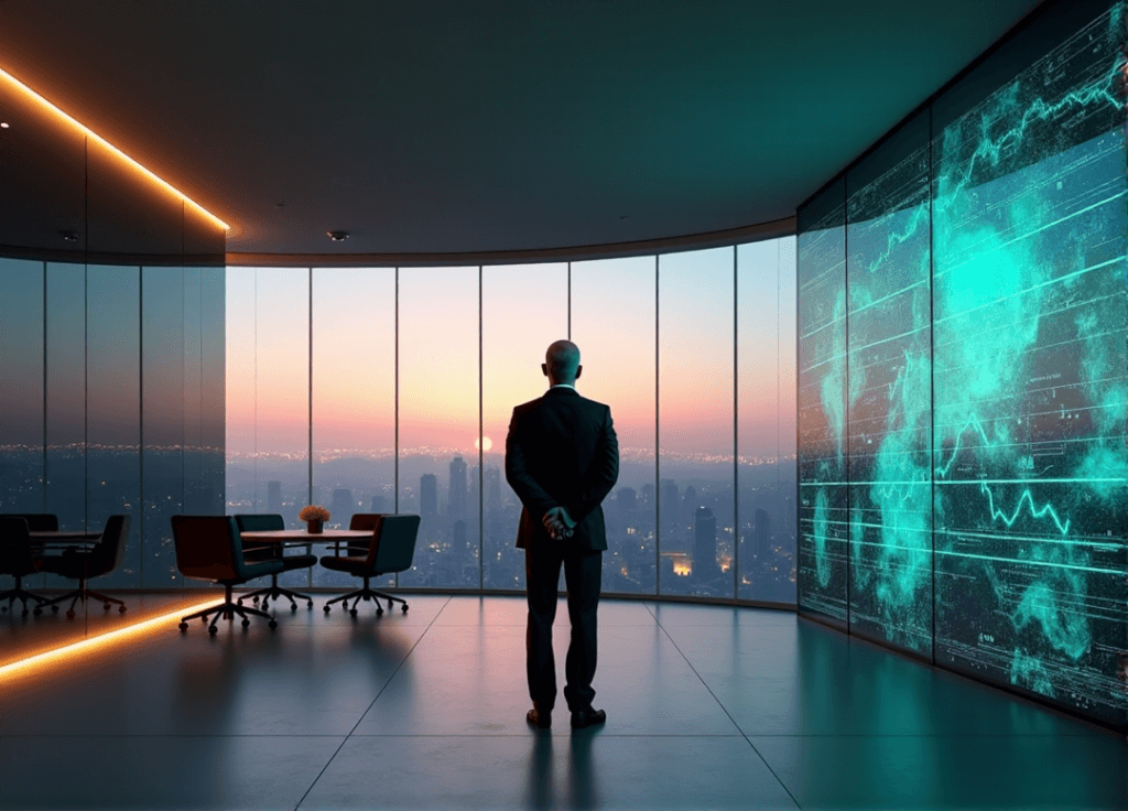 "A middle-aged executive stands confidently in front of a glass wall with a cityscape view at dusk, surrounded by AI-driven data analytics on a curved screen."