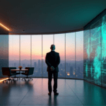"A middle-aged executive stands confidently in front of a glass wall with a cityscape view at dusk, surrounded by AI-driven data analytics on a curved screen."