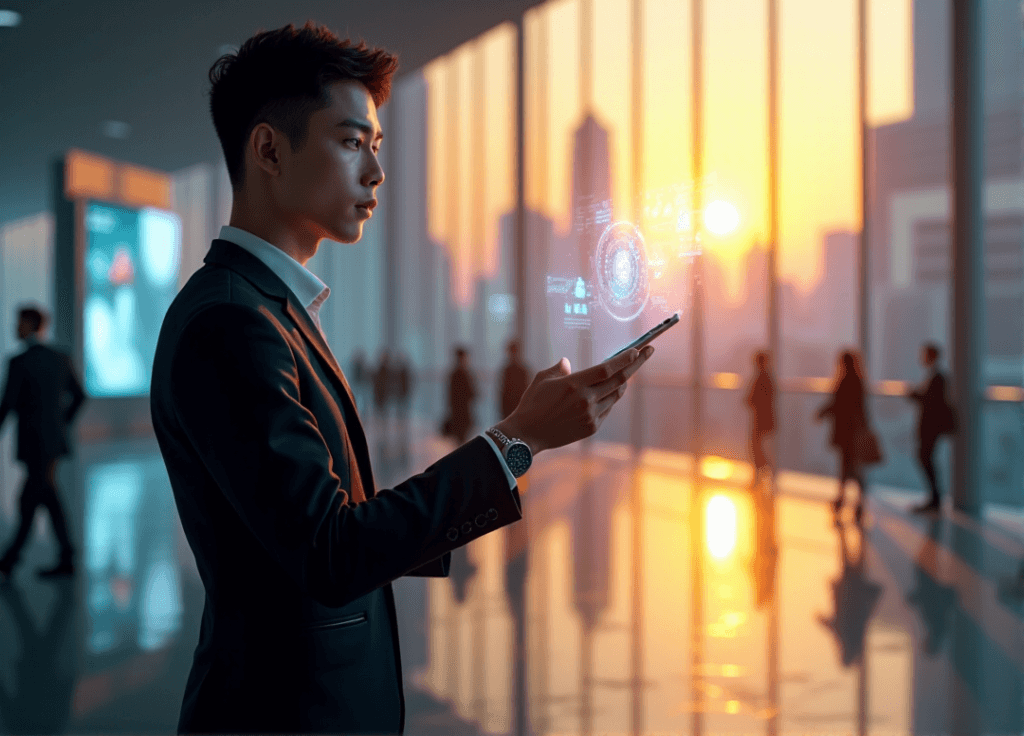 "A young professional stands confidently in front of a futuristic cityscape at sunset, interacting with a holographic display while holding a silver tablet."