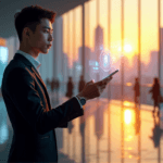 "A young professional stands confidently in front of a futuristic cityscape at sunset, interacting with a holographic display while holding a silver tablet."