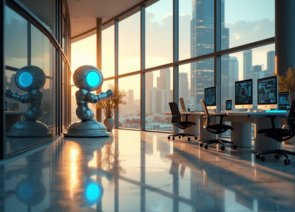 "A futuristic corporate office scene featuring a robotic arm cradling a glowing blue orb amidst sleek architecture, minimalist workstations, and a serene cityscape at dusk."