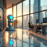 "A futuristic corporate office scene featuring a robotic arm cradling a glowing blue orb amidst sleek architecture, minimalist workstations, and a serene cityscape at dusk."