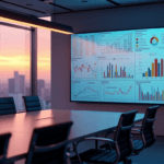 "A high-tech market research dashboard displayed on a massive LED screen in a modern conference room with a cityscape view at dusk."