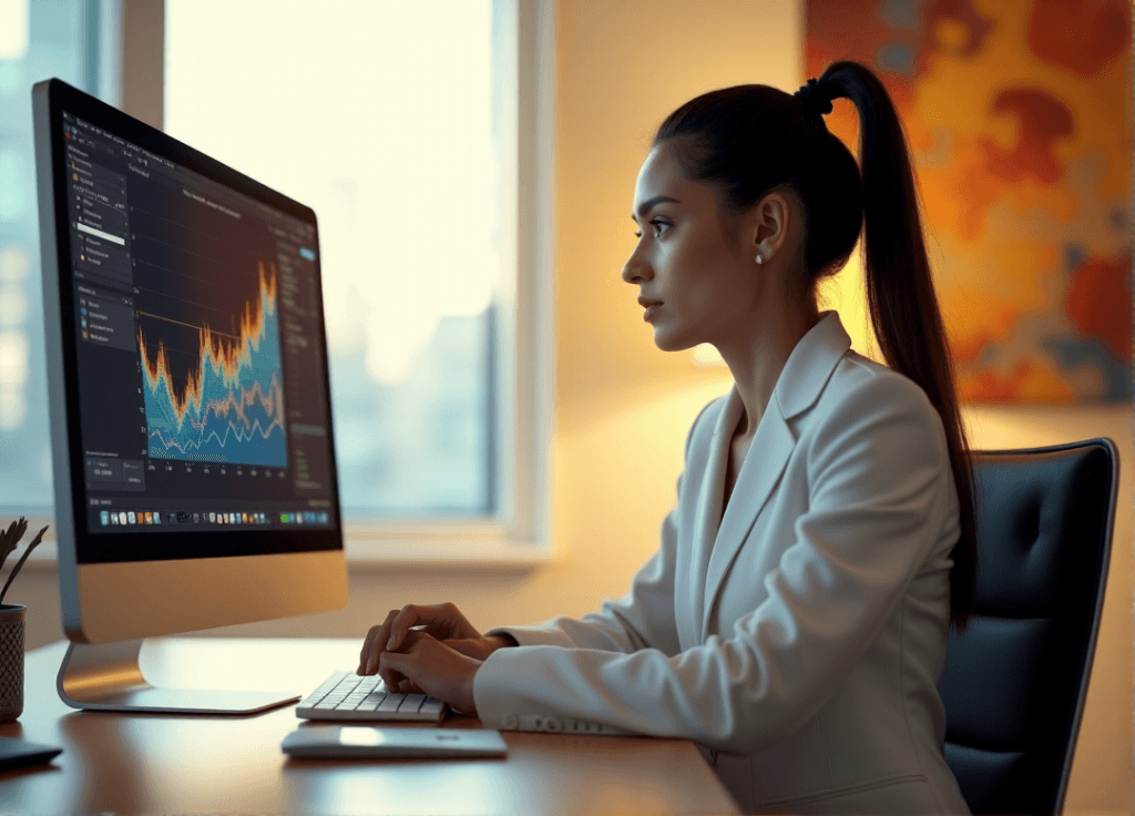 "A young professional sits intently at a minimalist desk, eyes fixed on a dynamic data visualization graph, conveying focus and determination amidst a modern office space."