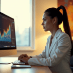 "A young professional sits intently at a minimalist desk, eyes fixed on a dynamic data visualization graph, conveying focus and determination amidst a modern office space."