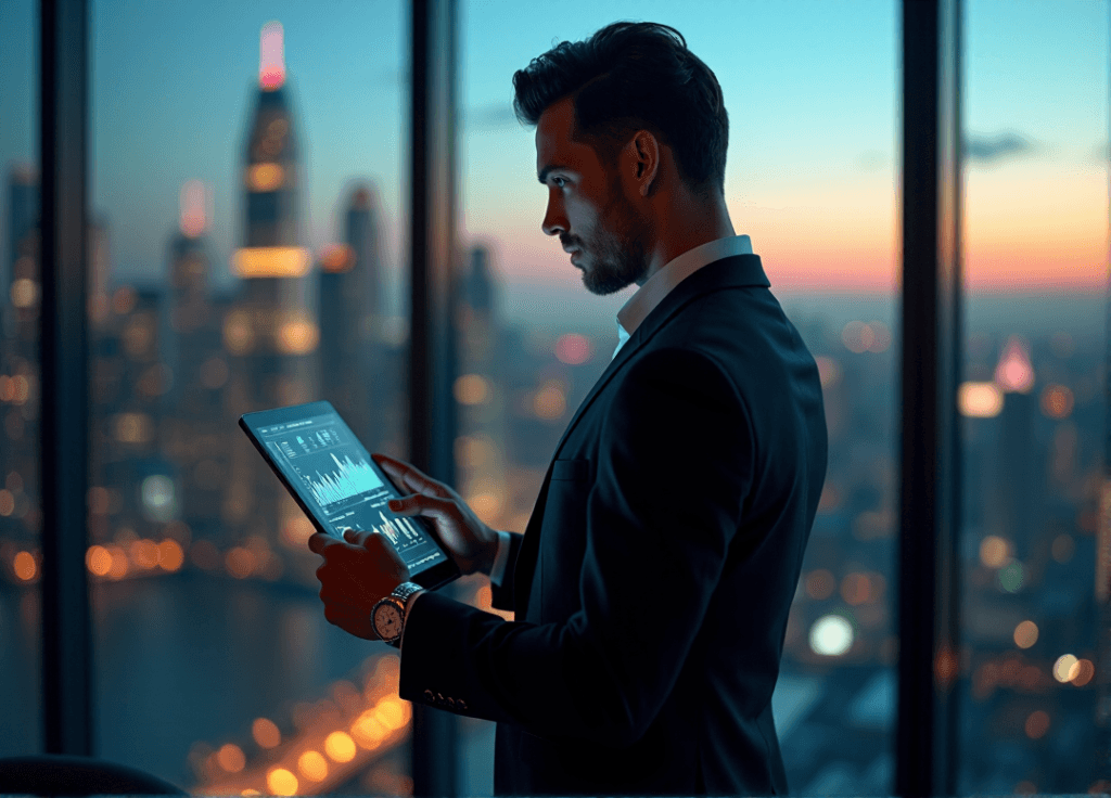 "A business executive stands confidently in front of a cityscape at dusk, holding an AI-powered tablet displaying market trends and data-driven insights."