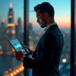 "A business executive stands confidently in front of a cityscape at dusk, holding an AI-powered tablet displaying market trends and data-driven insights."