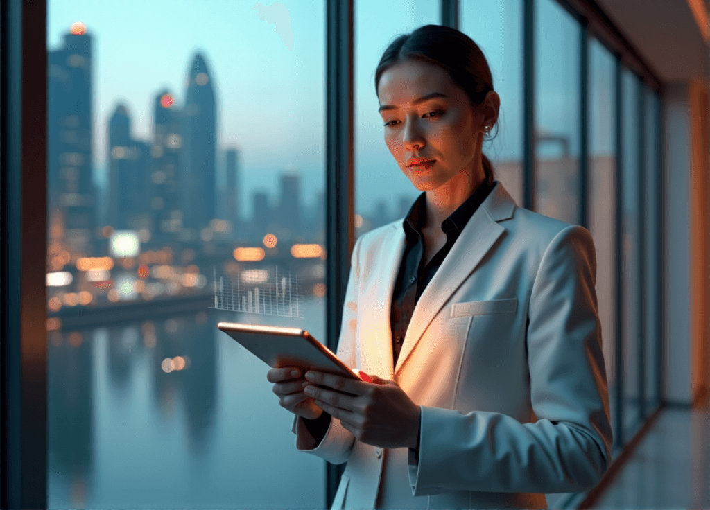"A young professional stands confidently in front of a futuristic cityscape at dusk, holding a high-tech tablet displaying data-driven predictive insights with AI automation skills on full display."