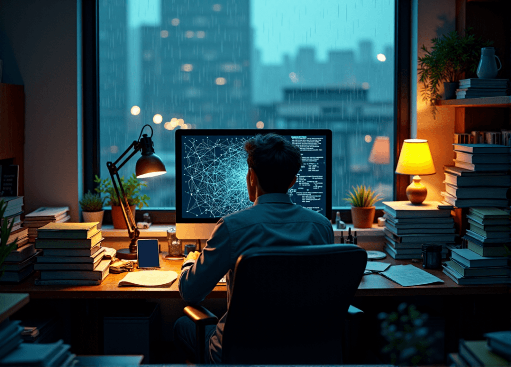 "A data analyst sits amidst a cluttered office, intensely focused on a high-resolution network graph displaying consumer behavior patterns, illuminated by soft computer glow."