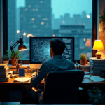 "A data analyst sits amidst a cluttered office, intensely focused on a high-resolution network graph displaying consumer behavior patterns, illuminated by soft computer glow."