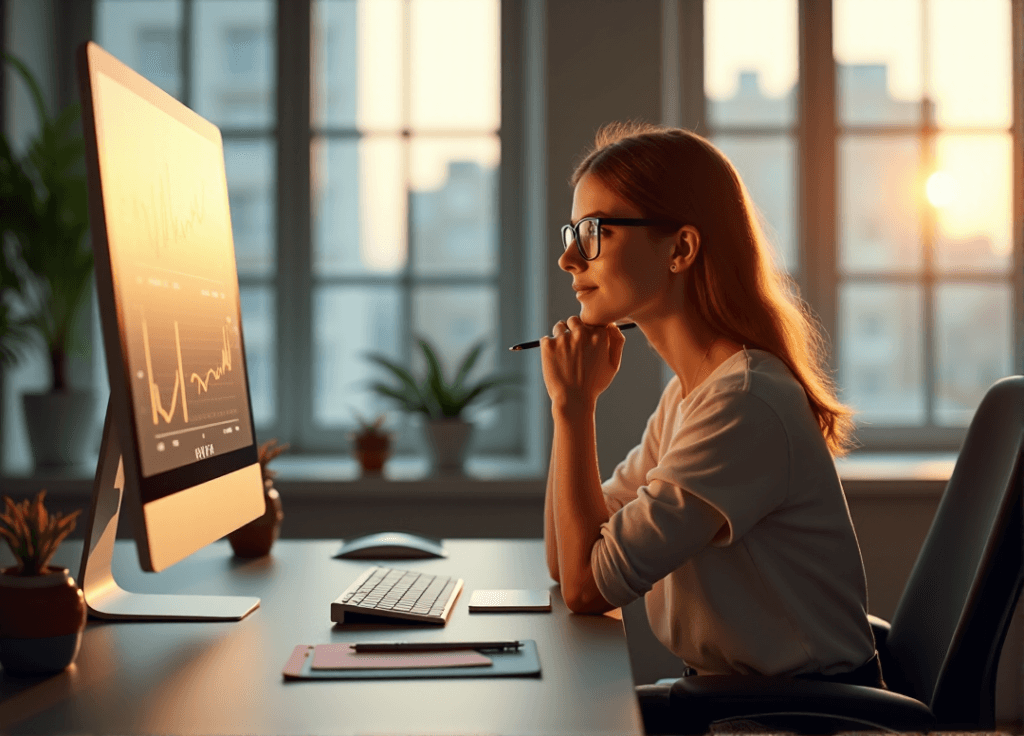 "A young woman sits at a minimalist desk, analyzing customer sentiment with AI automation skills, surrounded by data visualization dashboards in a serene office space."