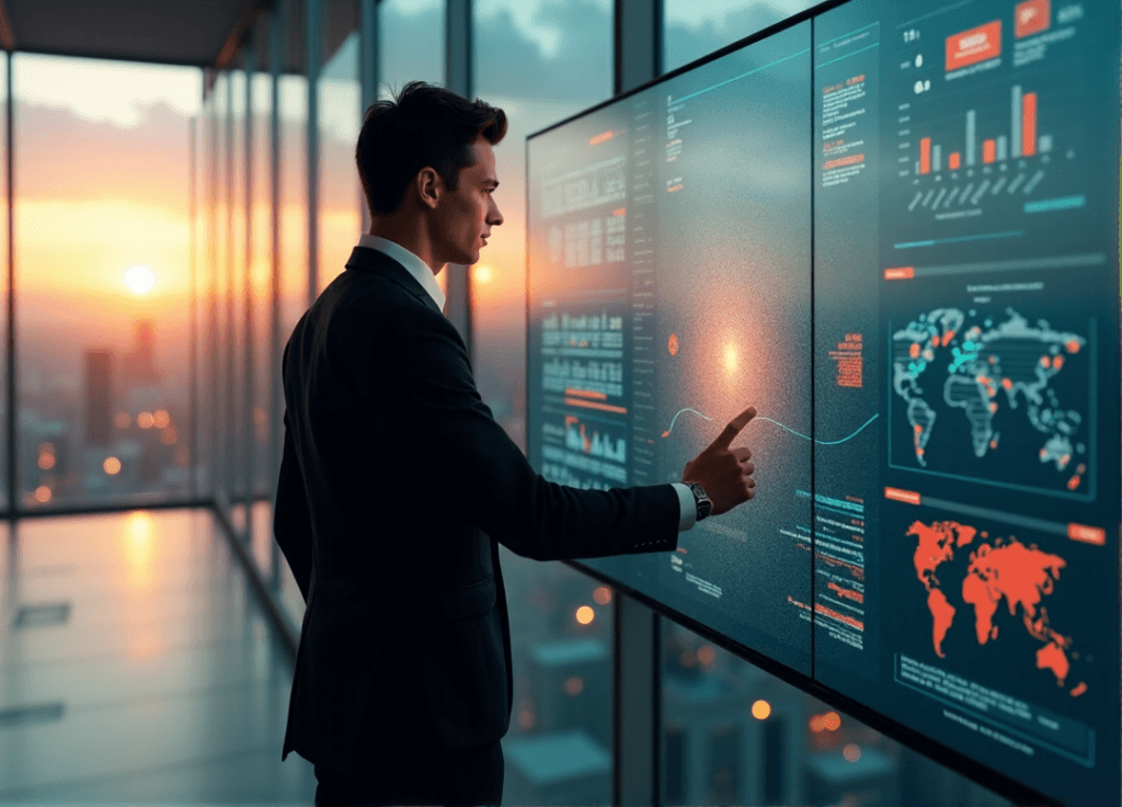 "A young professional stands confidently in front of a futuristic cityscape at sunset, intently viewing AI-driven data streams on a high-resolution touchscreen display."