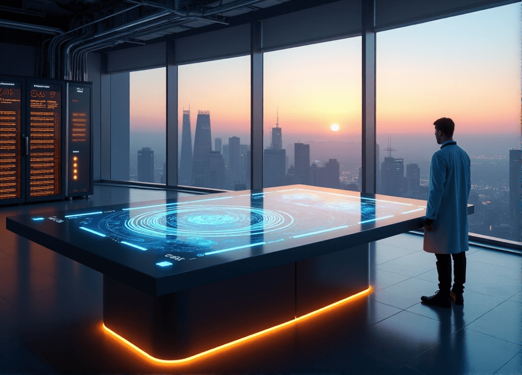 "A high-tech data visualization console in a modern control room with a cityscape view at dusk, featuring AI-driven predictive analytics and insights on a curved touchscreen display."