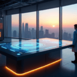 "A high-tech data visualization console in a modern control room with a cityscape view at dusk, featuring AI-driven predictive analytics and insights on a curved touchscreen display."