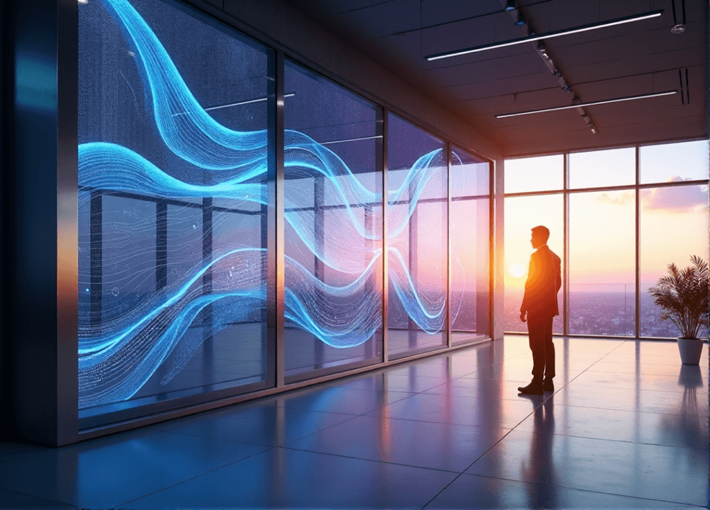 "A modern market research facility with a large glass wall featuring an AI-powered data visualization system displaying intricate patterns of blue and purple data on a sleek LED display."