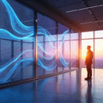 "A modern market research facility with a large glass wall featuring an AI-powered data visualization system displaying intricate patterns of blue and purple data on a sleek LED display."