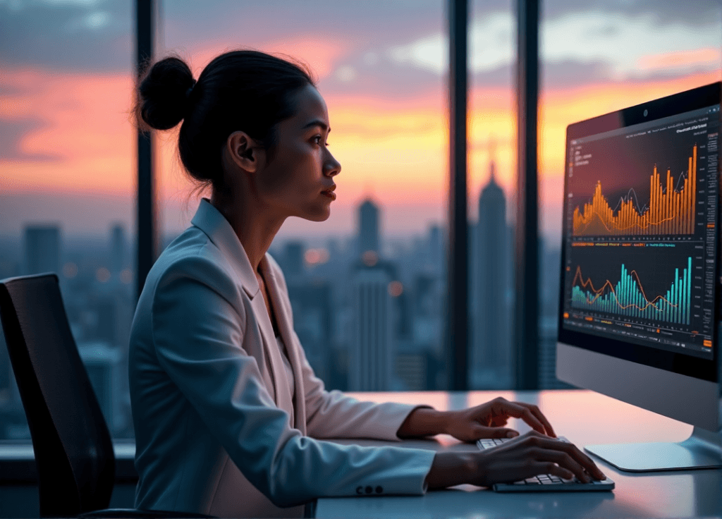 "A young professional sits at a minimalist desk, intensely focused on a dynamic data visualization graph displayed on a high-resolution computer screen, surrounded by a modern office space with a breathtaking cityscape view."