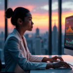 "A young professional sits at a minimalist desk, intensely focused on a dynamic data visualization graph displayed on a high-resolution computer screen, surrounded by a modern office space with a breathtaking cityscape view."