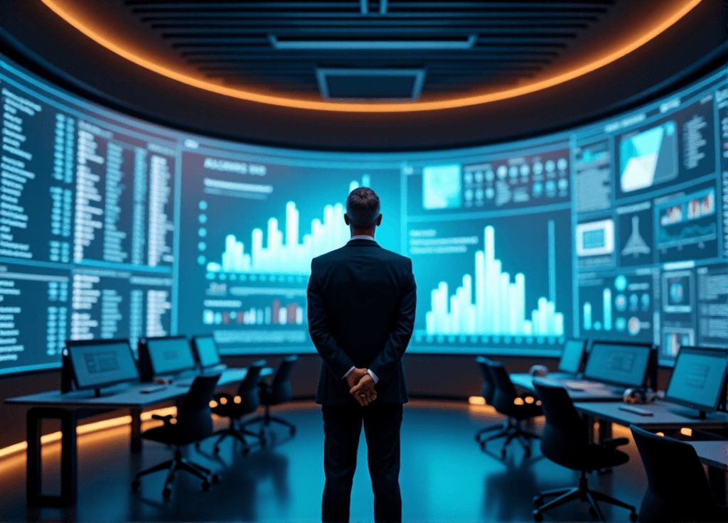 "A business executive stands confidently in a high-tech control room, surrounded by data visualization screens and humming servers, contemplating market trends with AI automation skills."