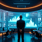 "A business executive stands confidently in a high-tech control room, surrounded by data visualization screens and humming servers, contemplating market trends with AI automation skills."