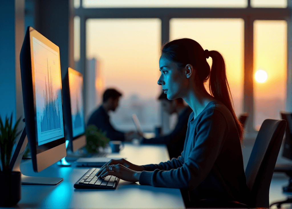 "A young woman sits at a minimalist desk, intensely analyzing customer sentiment data on her computer screen, surrounded by modern office equipment."