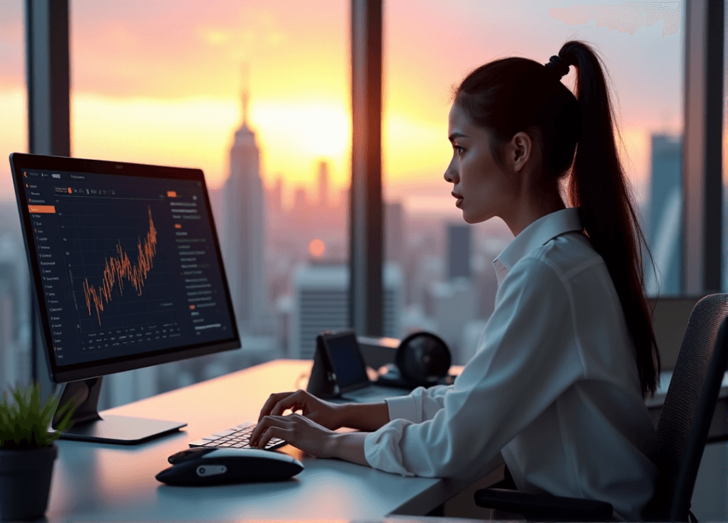 "A young woman sits at a minimalist desk, intensely studying AI-powered sentiment analysis data on her computer screen, surrounded by futuristic gadgets and software tools."