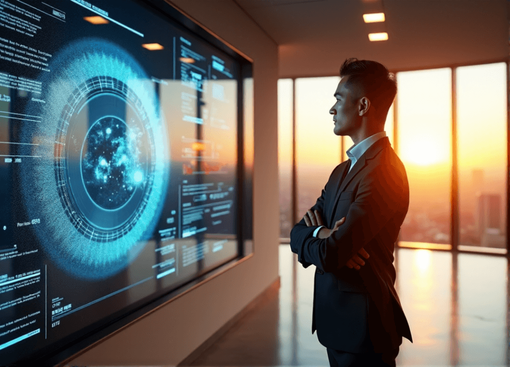 "A marketing executive stands confidently in front of a massive screen displaying AI-driven analytics and insights, with data streams and charts pulsing behind them."