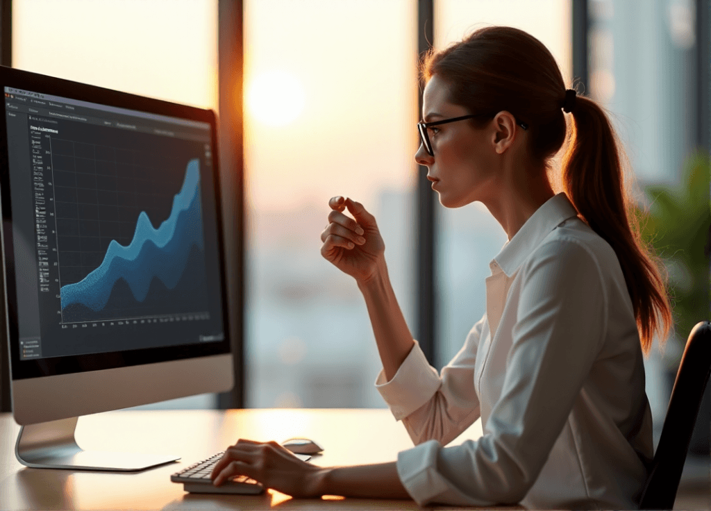 "A middle-aged woman sits at a modern desk, intensely studying a data visualization graph on her computer screen, showcasing AI automation skills in action."