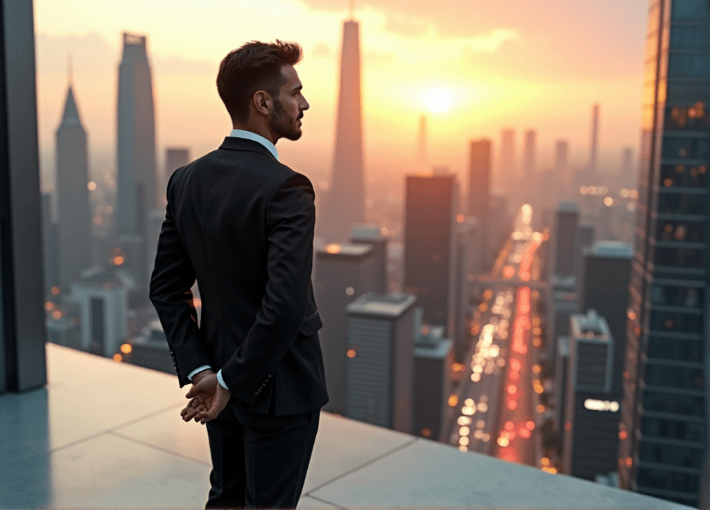 "A corporate executive stands confidently on a rooftop overlooking a bustling metropolis with AI-powered drones and self-driving cars below."