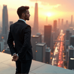 "A corporate executive stands confidently on a rooftop overlooking a bustling metropolis with AI-powered drones and self-driving cars below."