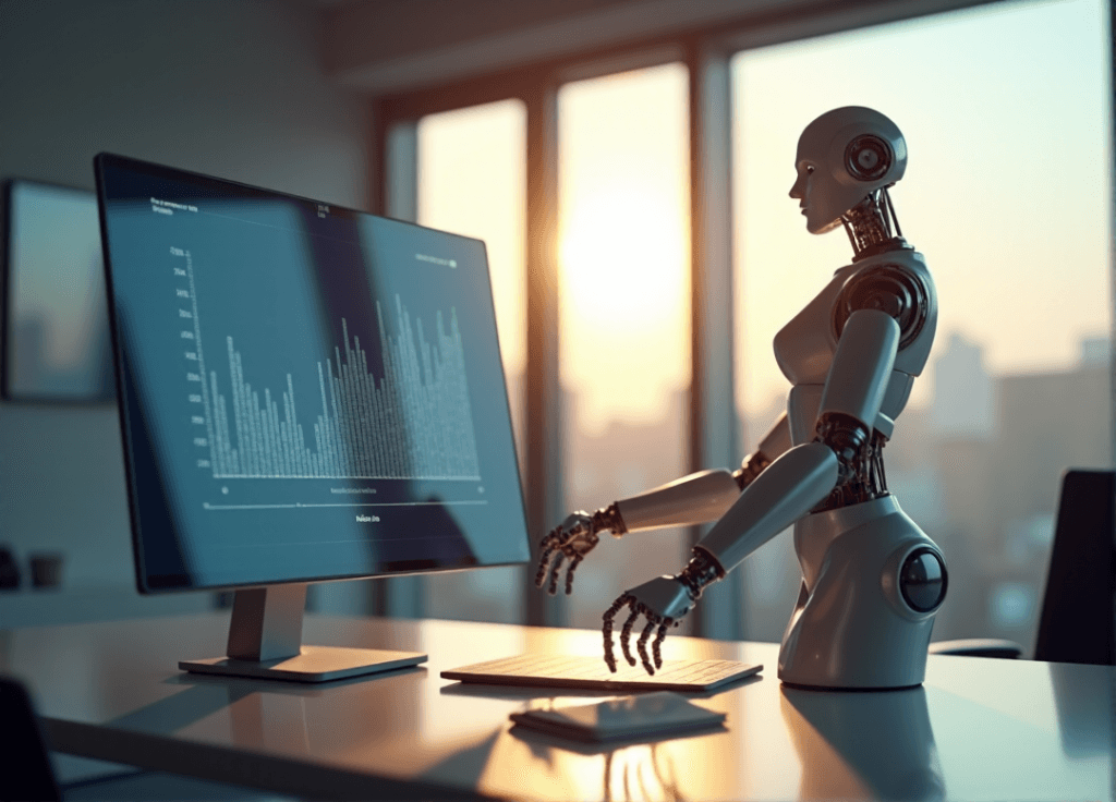 "A modern office workspace featuring a sleek robotic arm integrated into workflow, showcasing AI automation skills through streamlined efficiency and precision."