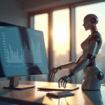 "A modern office workspace featuring a sleek robotic arm integrated into workflow, showcasing AI automation skills through streamlined efficiency and precision."