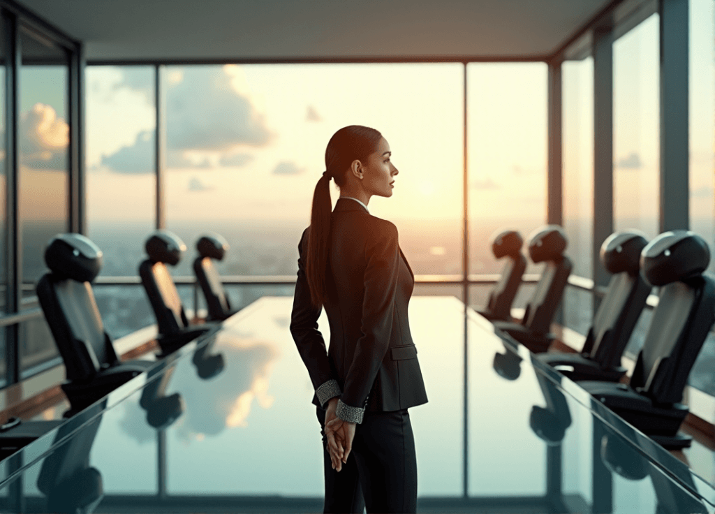 "A young businesswoman stands confidently at a glass conference table surrounded by AI-powered machines in a modern office space with city views."