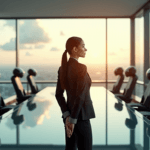 "A young businesswoman stands confidently at a glass conference table surrounded by AI-powered machines in a modern office space with city views."