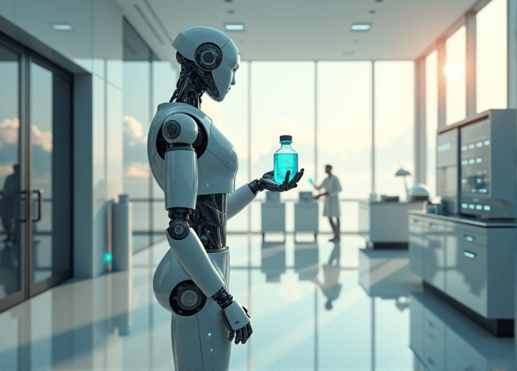 "A futuristic healthcare facility with a robotic arm cradling a vial of AI-driven innovation in medicine amidst cutting-edge medical equipment."