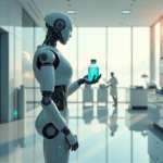 "A futuristic healthcare facility with a robotic arm cradling a vial of AI-driven innovation in medicine amidst cutting-edge medical equipment."
