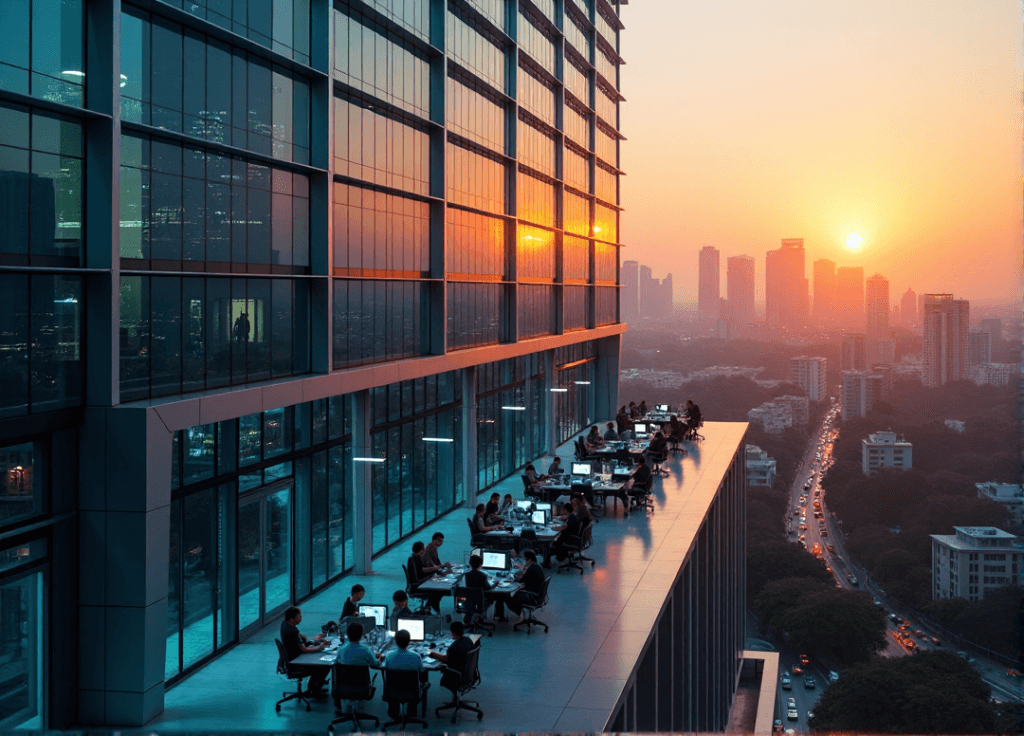 "A sleek corporate high-rise building at sunset, reflecting vibrant city colors, with employees working on AI-powered computers in an open-plan office space."