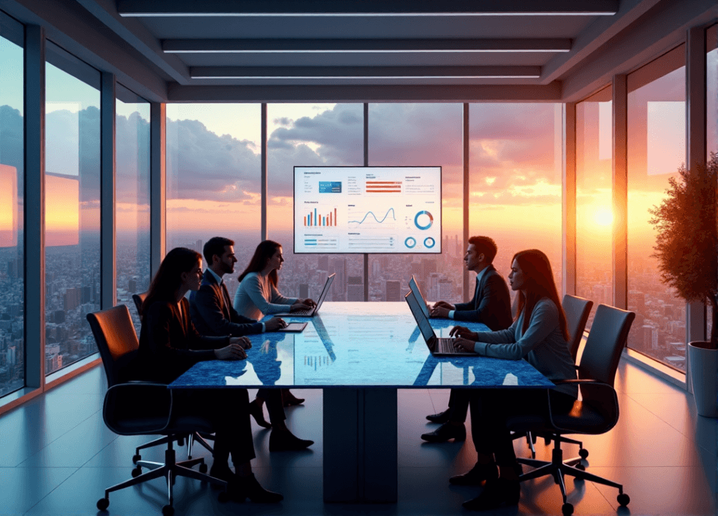 "A team of diverse professionals collaborate around a digital dashboard displaying AI-driven sales metrics, surrounded by floor-to-ceiling windows with a cityscape at sunset."