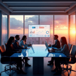 "A team of diverse professionals collaborate around a digital dashboard displaying AI-driven sales metrics, surrounded by floor-to-ceiling windows with a cityscape at sunset."