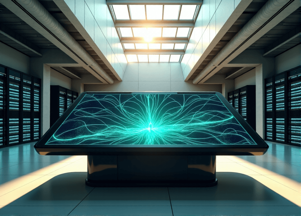 "A futuristic laboratory featuring a large AI-powered data analysis console with vibrant data visualizations, surrounded by servers and high-performance computing equipment."