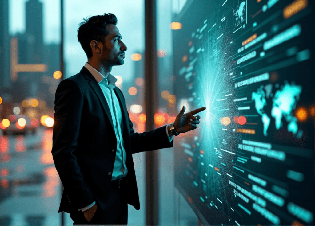 "A confident executive stands before a glass wall overlooking a futuristic cityscape at dusk, gesturing towards an AI-driven data visualization display showcasing complex analytics in shades of blue and green."