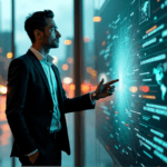 "A confident executive stands before a glass wall overlooking a futuristic cityscape at dusk, gesturing towards an AI-driven data visualization display showcasing complex analytics in shades of blue and green."