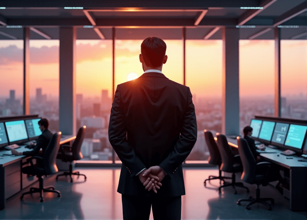 "A corporate executive stands confidently in a high-tech control room with AI automation skills on display amidst futuristic machinery and cityscape views."