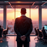 "A corporate executive stands confidently in a high-tech control room with AI automation skills on display amidst futuristic machinery and cityscape views."